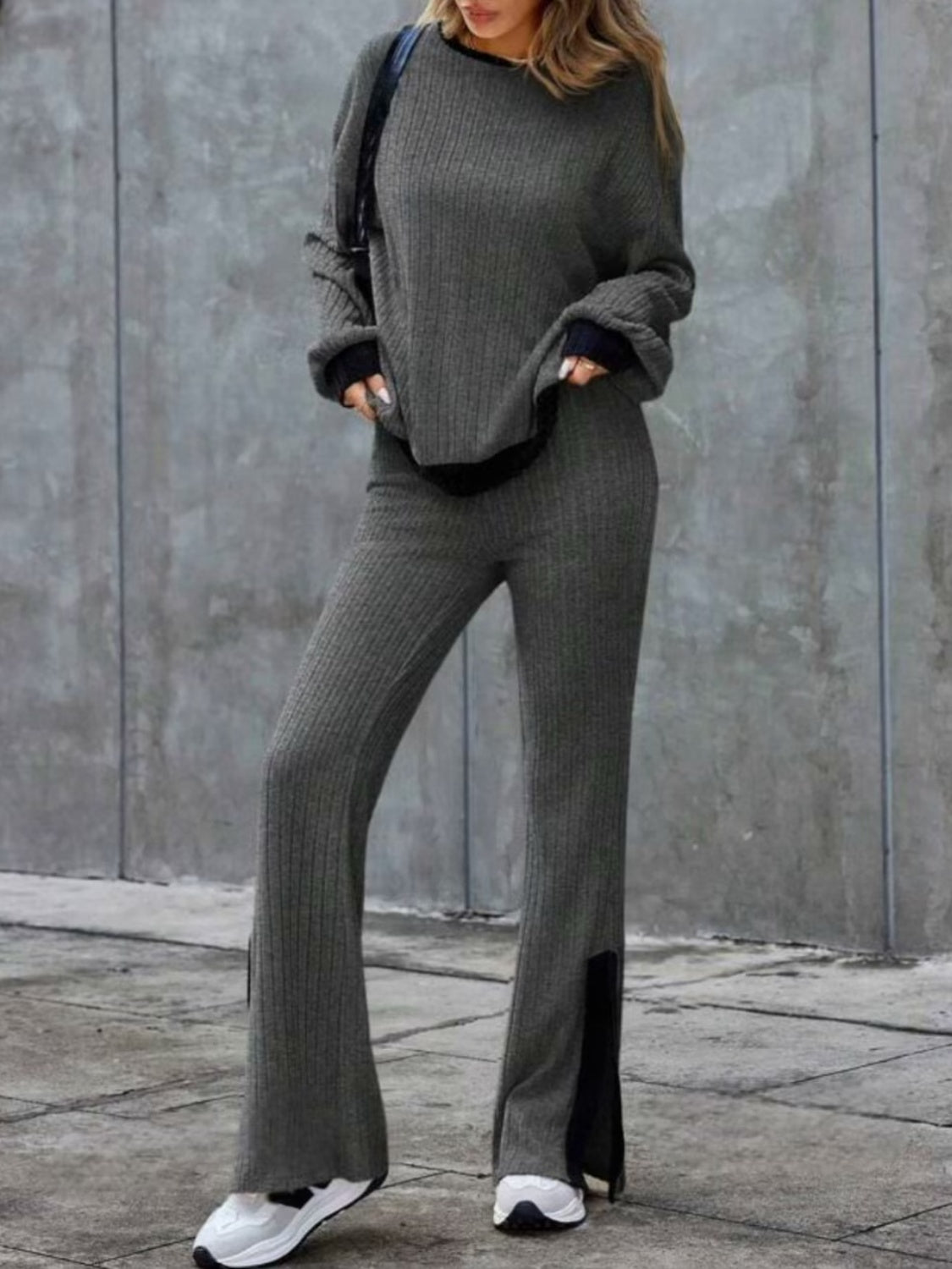 Wilma | Contrast crew neck long sleeve top and bootcut trousers set