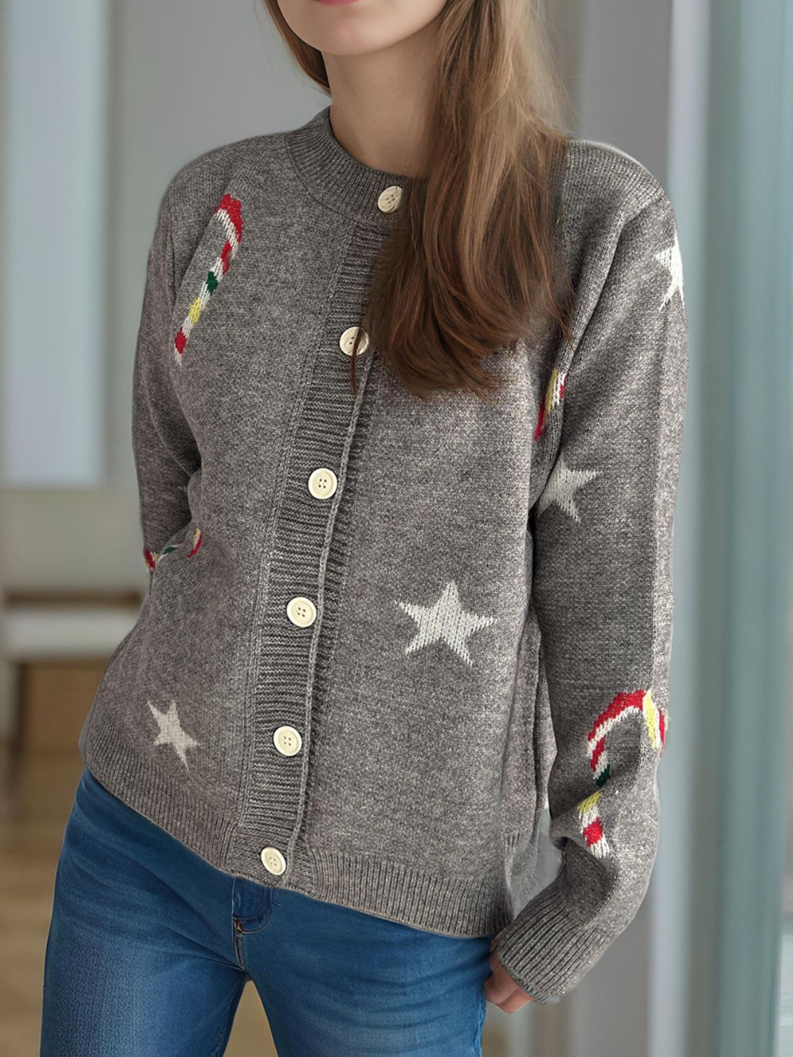 Justina | Candy Cane & Star button-front long-sleeved cardigan.