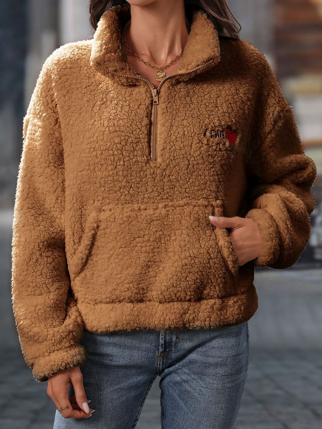 Giovanna | Heart teddy half zip sweatshirt with long sleeves