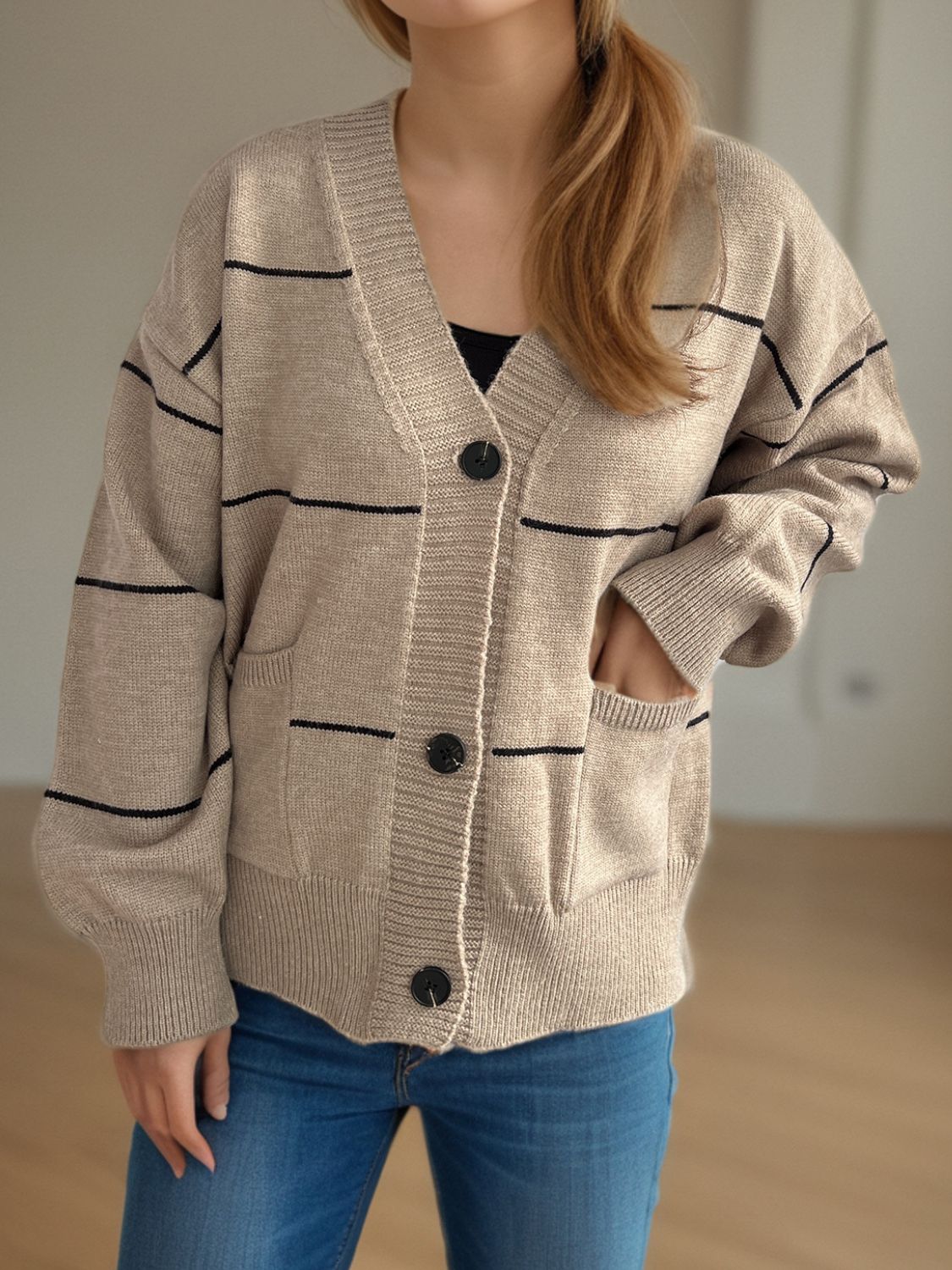 Flavia | Striped, long-sleeved cardigan with button placket and V-neck