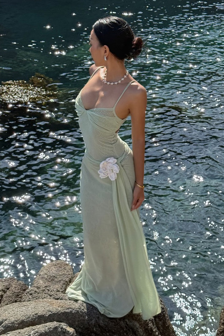 Lace Mesh 3D Floral Waist Cinched Cami Maxi Dress