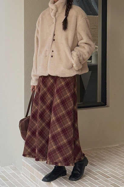 Red Plaid Wool Bodycon Skirt