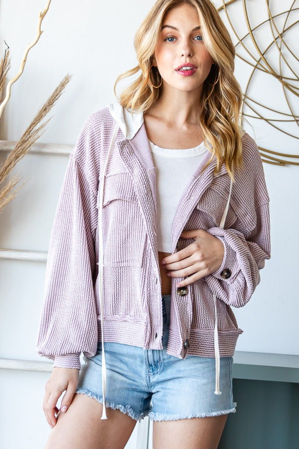 Erika | Reborn J contrast hooded button down ribbed jacket