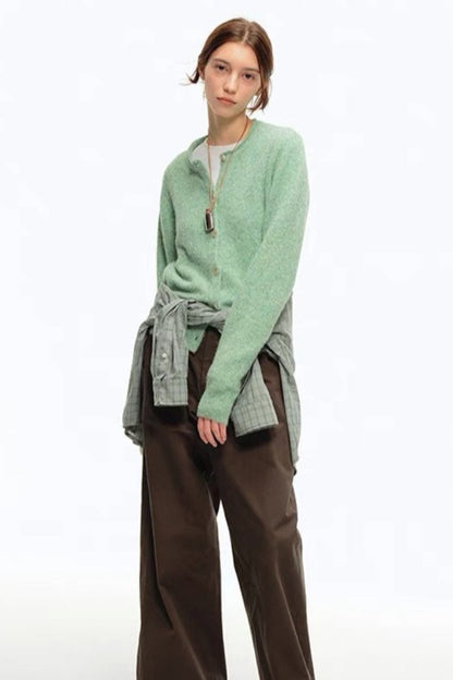 Green Wool Blend Crew Neck Knit Cardigan
