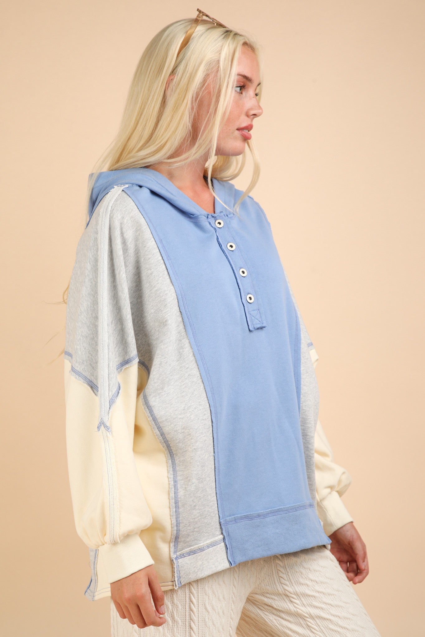 Pilar | VERY J hoodie with exposed seams and color block half buttons