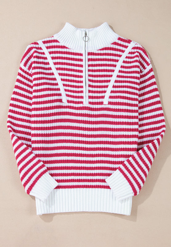 Amelia | Striped long sleeve sweater with half zip and stand-up collar