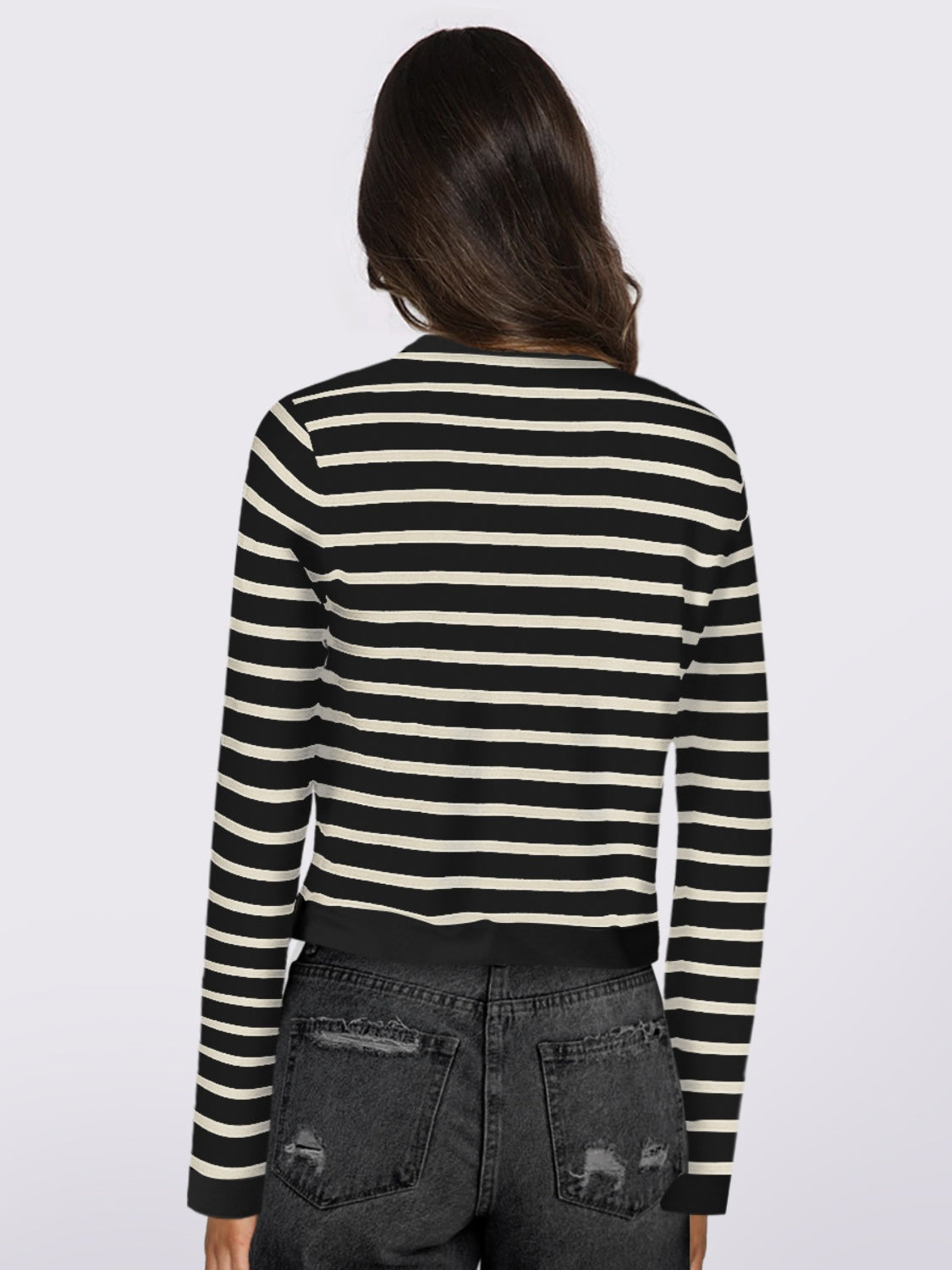 Gabriela | Striped, long-sleeved cardigan with button placket and crew neck