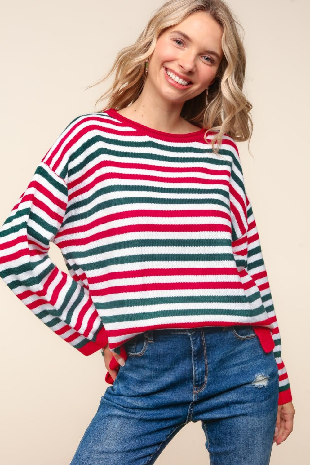Wendy | Full size Haptics knit top with stripes and contrast side slits