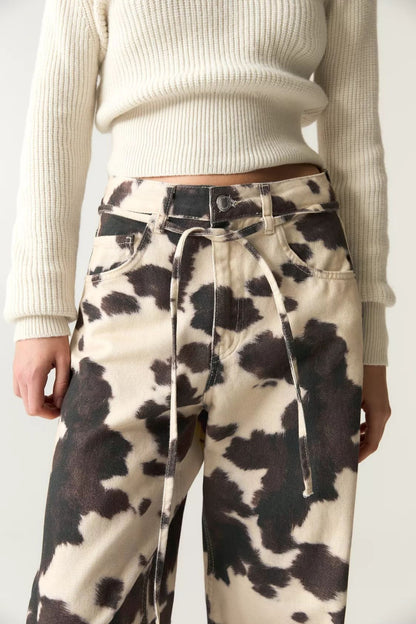 Vintage Cow Print Casual Jeans