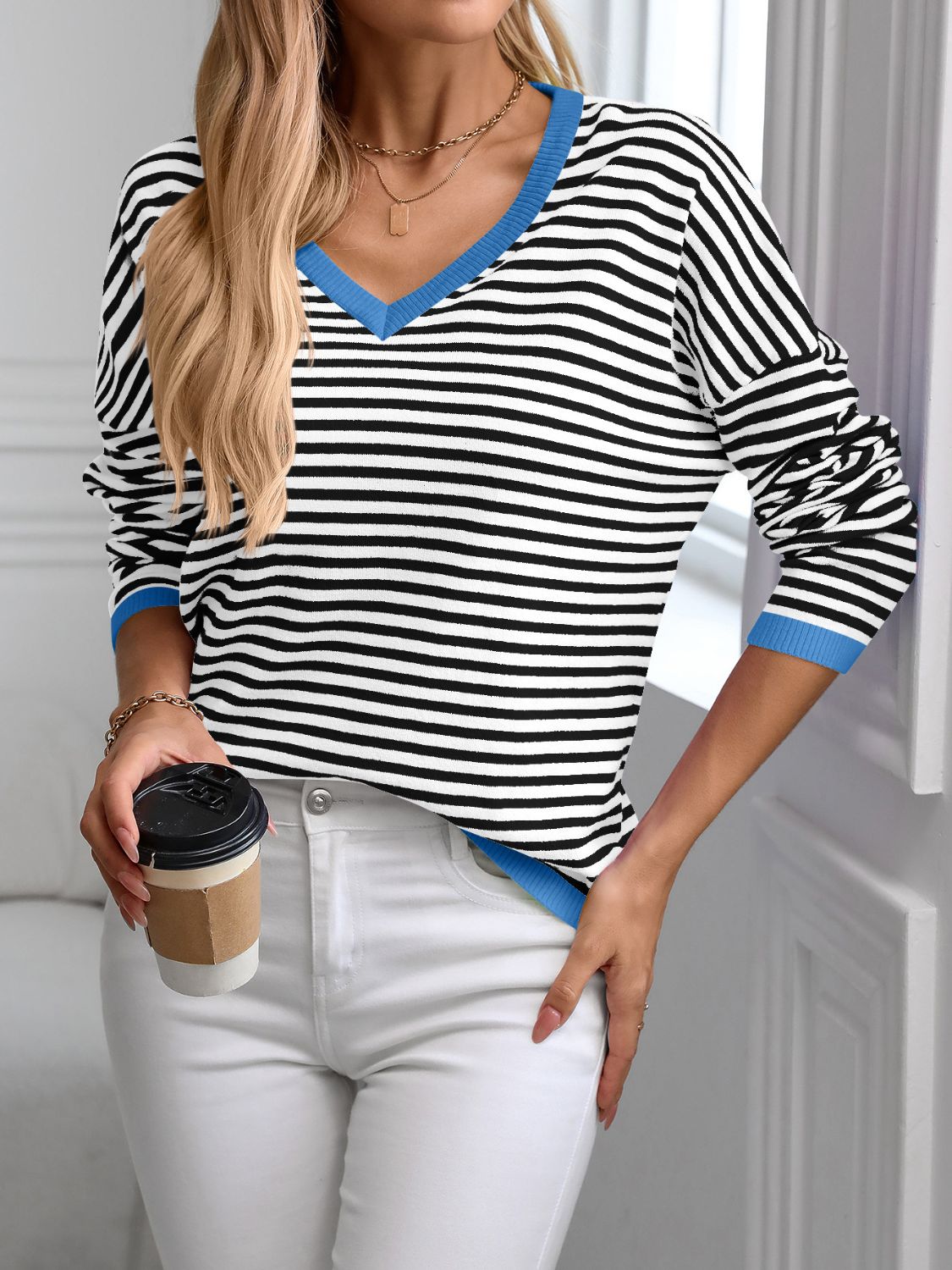 Melina | Striped long-sleeved knit top with V-neck and contrast trim