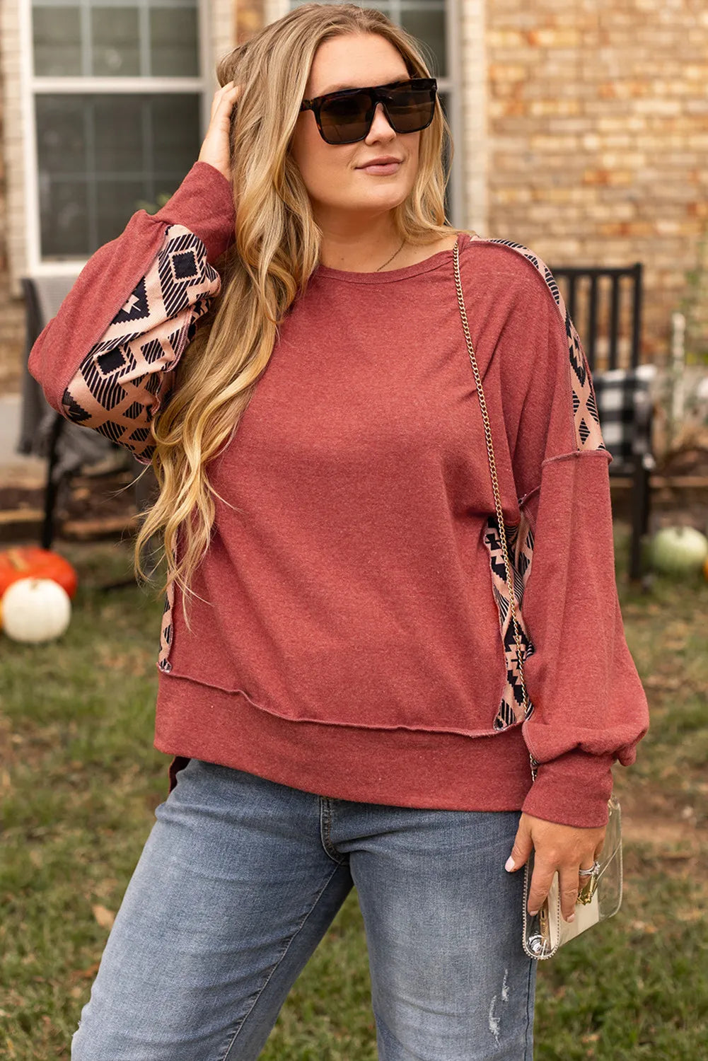Yvonne | Oversized long sleeve geometric crew neck sweatshirt