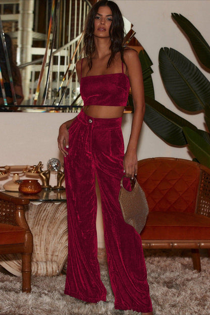 Suede Relaxed Button Straight Wide Leg Pants