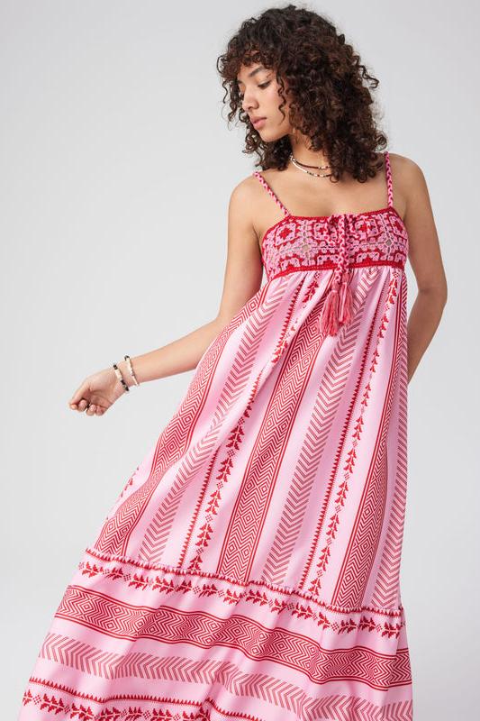 Elisa® | Printed Embroidered Camisole Midi Dress With Lace-Up Detail