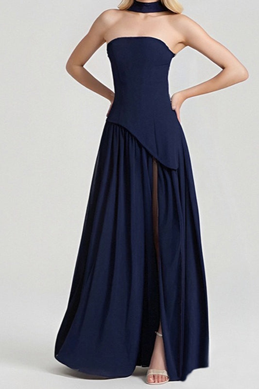 Solid Bustier High Slit Formal Dress