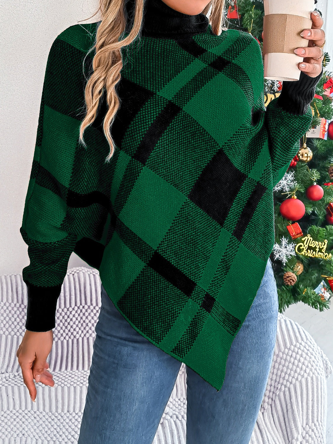 Tabea | Checked turtleneck sweater with batwing sleeves