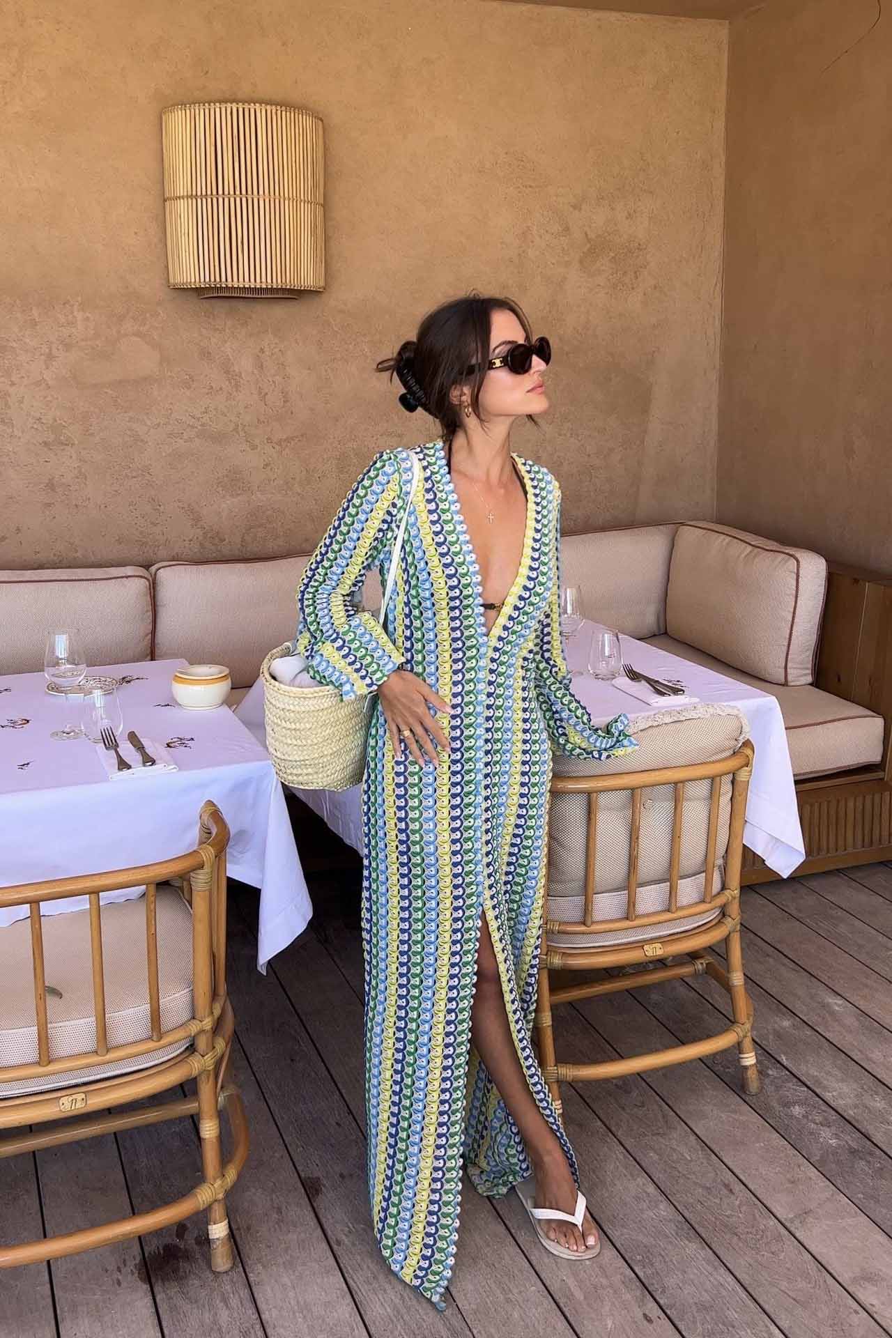 Pilar® | Boho V-Neck Bell Sleeve Maxi Dress, Wavy Striped Crochet Beach Holiday Maxi Dress