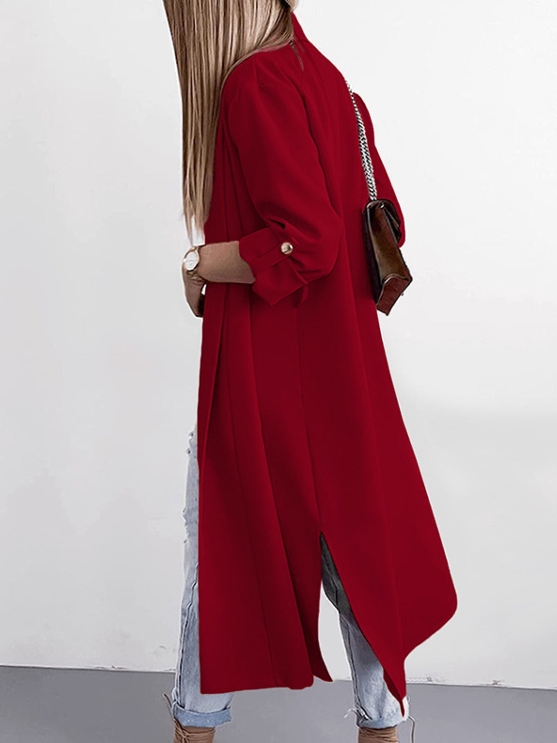 Marianna | Slit trench coat with roll tab sleeves open at the front
