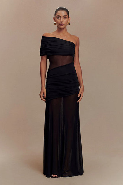 Ruched Mesh Panel Strapless Sheer Maxi Dress