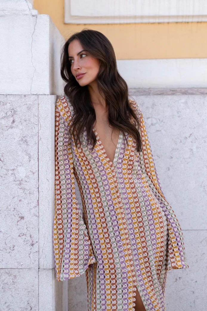 Pilar® | Boho V-Neck Bell Sleeve Maxi Dress, Wavy Striped Crochet Beach Holiday Maxi Dress