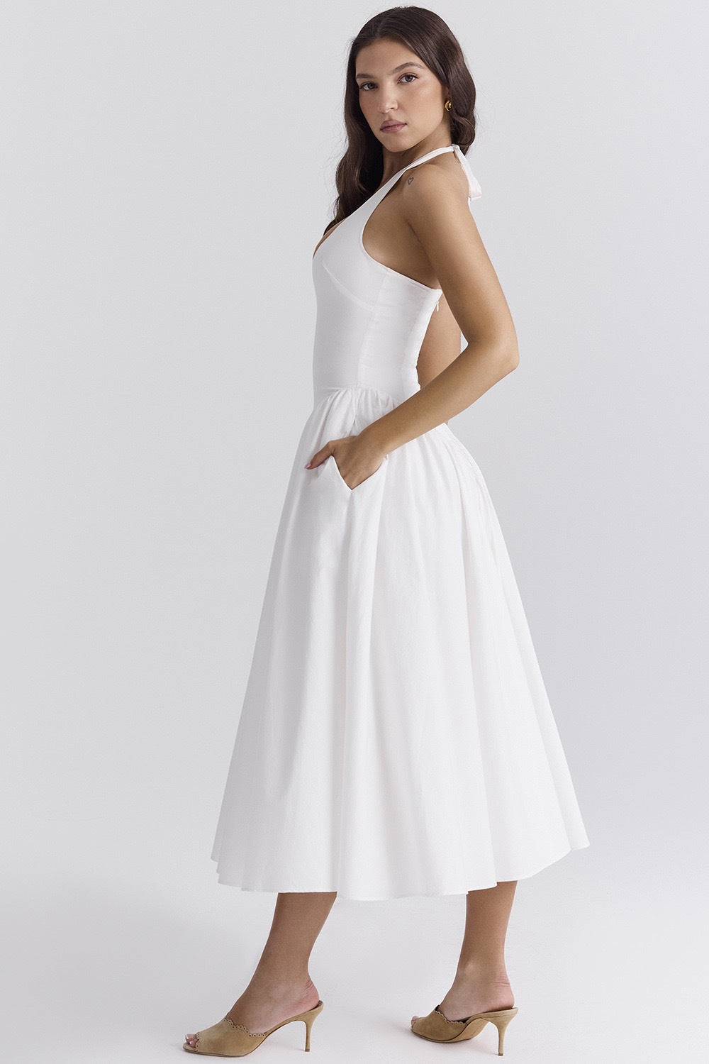 Olga® | White Cotton Halterneck Midi Summer Dress