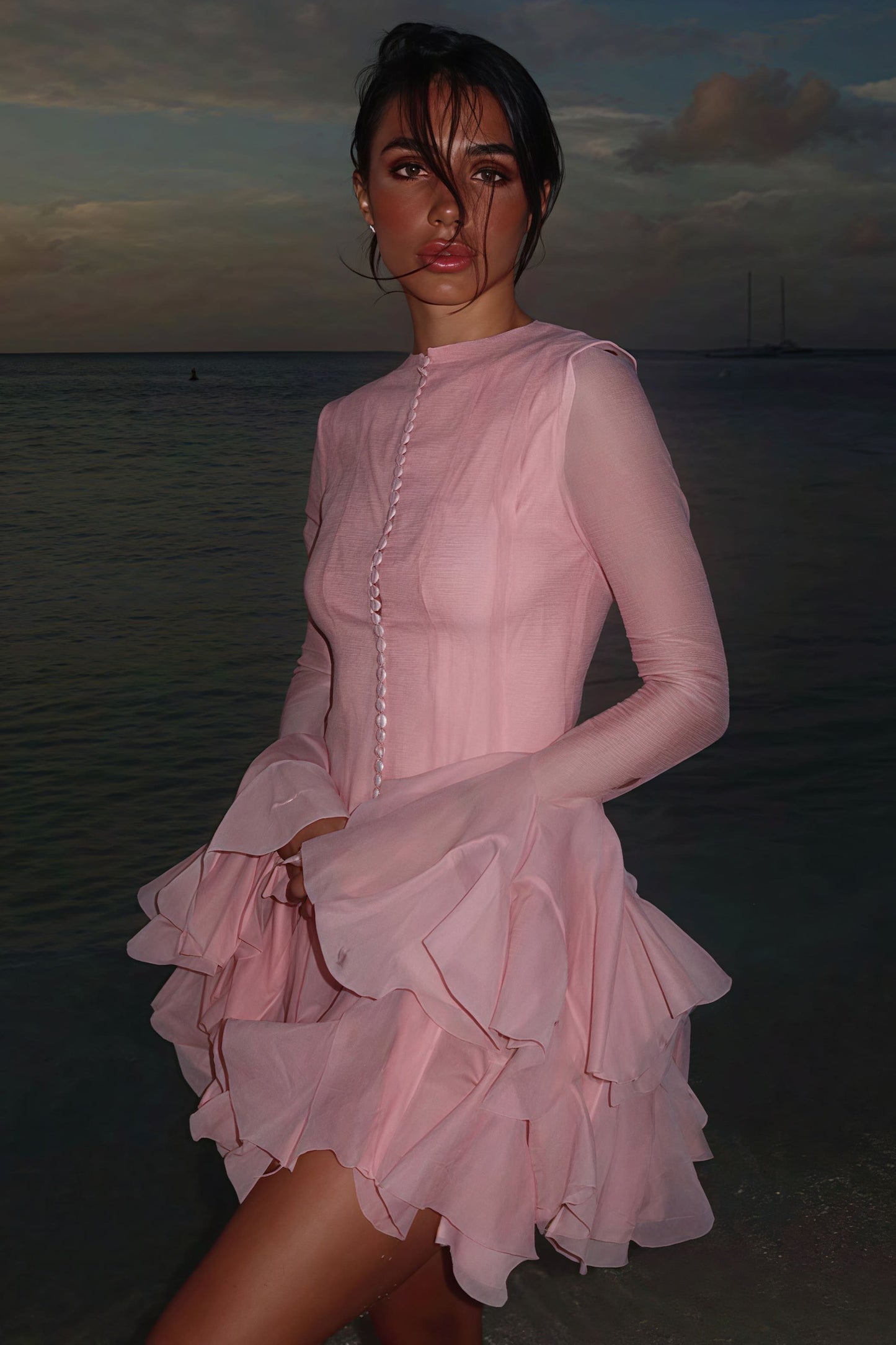 Elegant Buttoned Ruffled Long Puff Sleeve Mini Dress