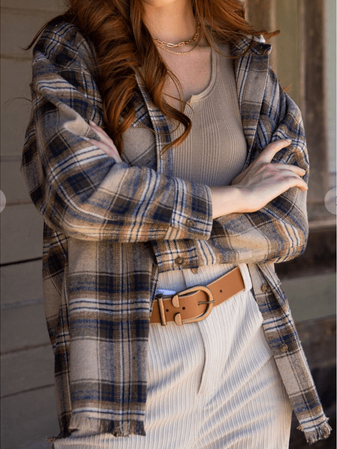 Carmen | Checked long sleeve hooded jacket with raw hem