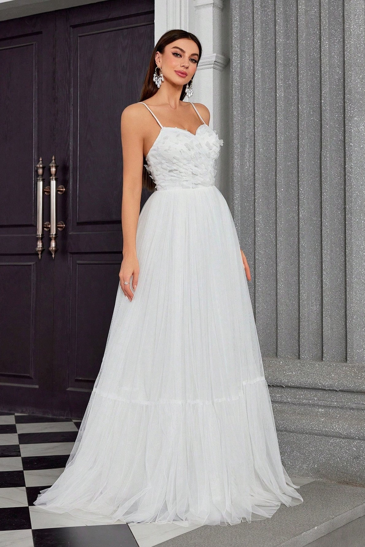 Spaghetti Bandeau Butterfly Tulle Elegant Reception Dress