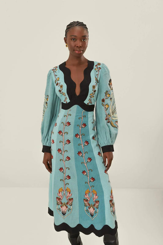 Karina® | Blue Flowing Beauty Long Sleeve Midi Dress