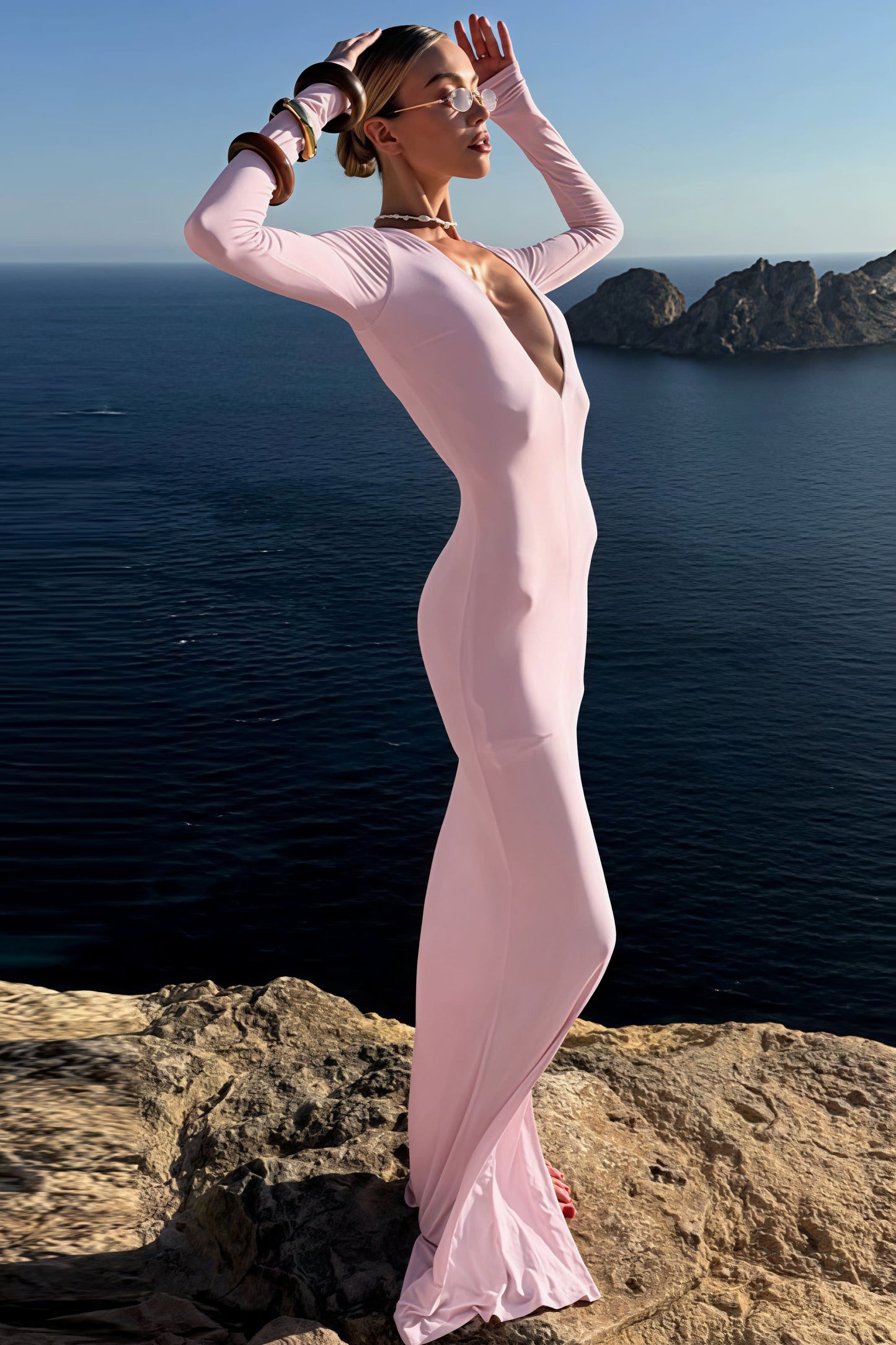 Elegant Sexy Deep V-Neck Long Sleeve Bodycon Maxi Dress