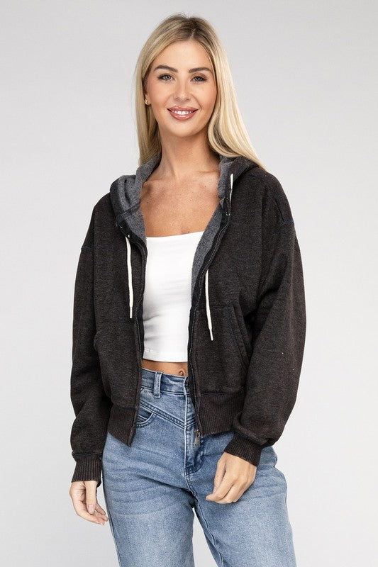 Fabiana | Cropped acid wash fleece zip-up hoodie