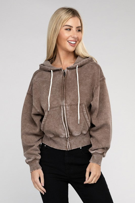 Fabiana | Cropped acid wash fleece zip-up hoodie
