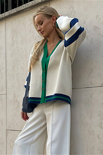 Simple Color Block Striped Relaxed Knit Cardigan