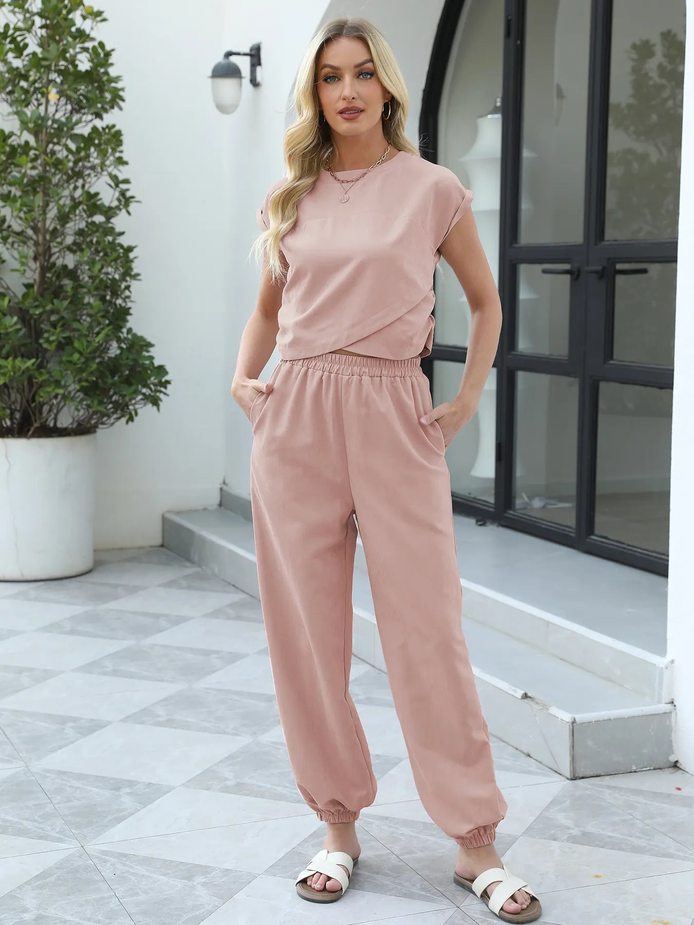 Domenica® | Casual Short-Sleeved Round Neck Top And Loose-Fitting Pants Set