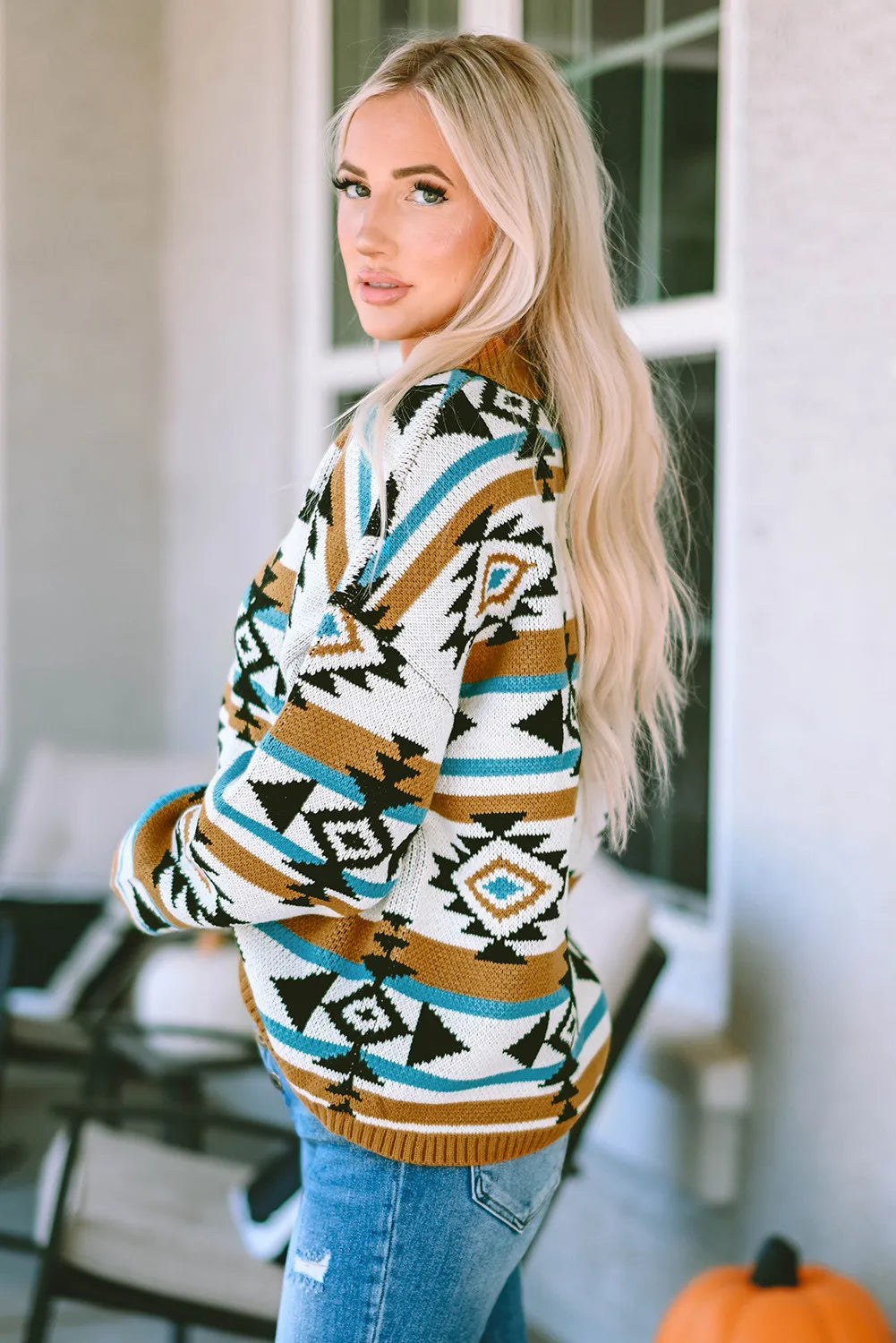 Stefanie | Full size long sleeve geometric crew neck sweater