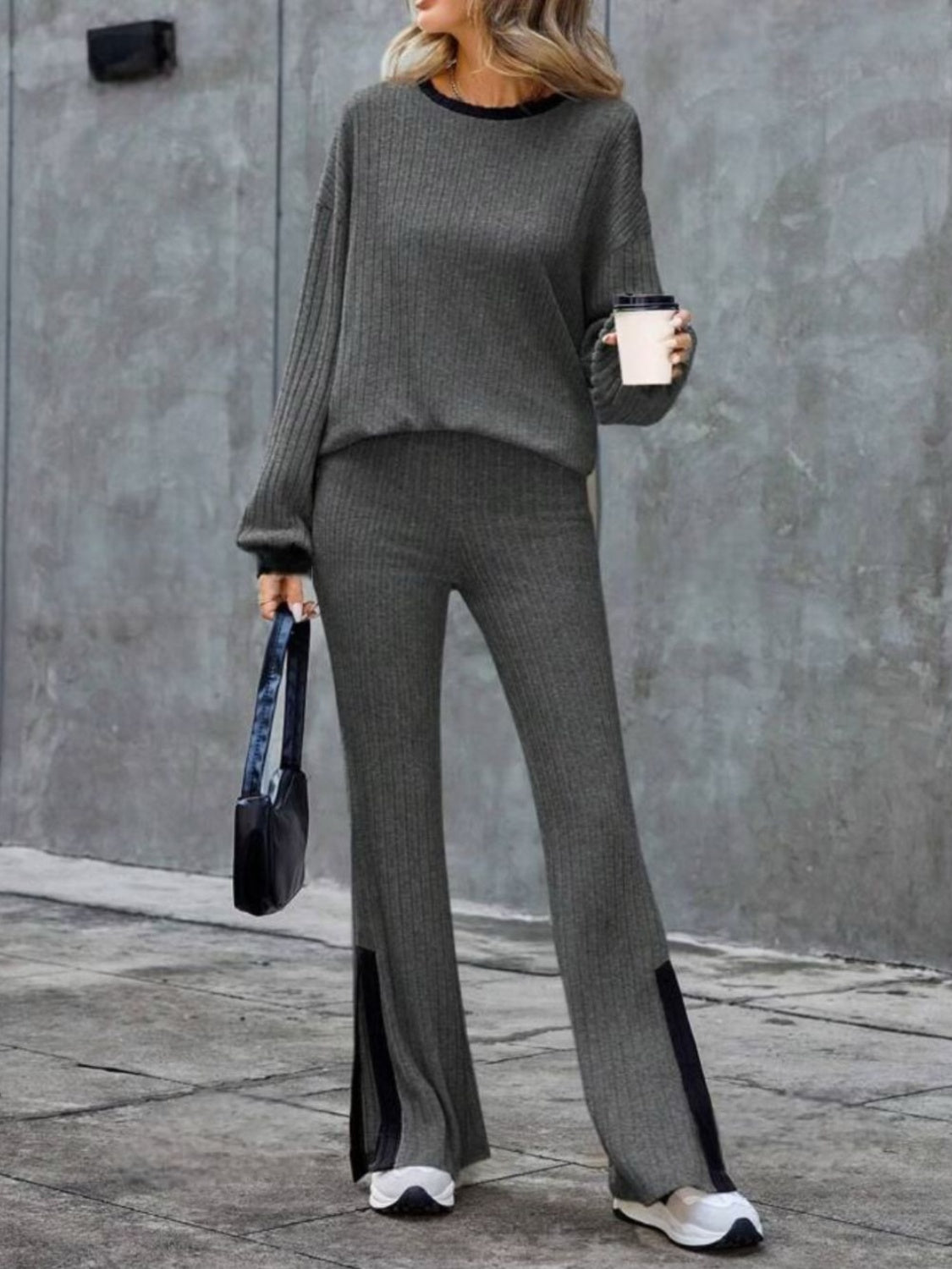 Wilma | Contrast crew neck long sleeve top and bootcut trousers set