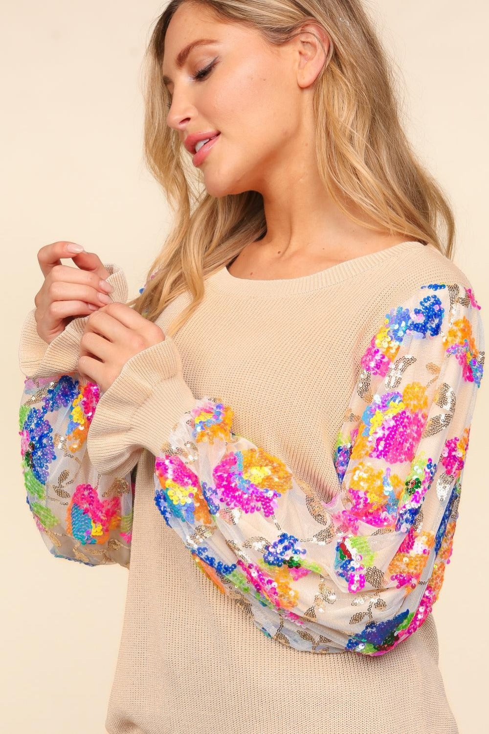 Emilia | Haptics sweater with floral sequins, mesh fabric and flounced sleeves