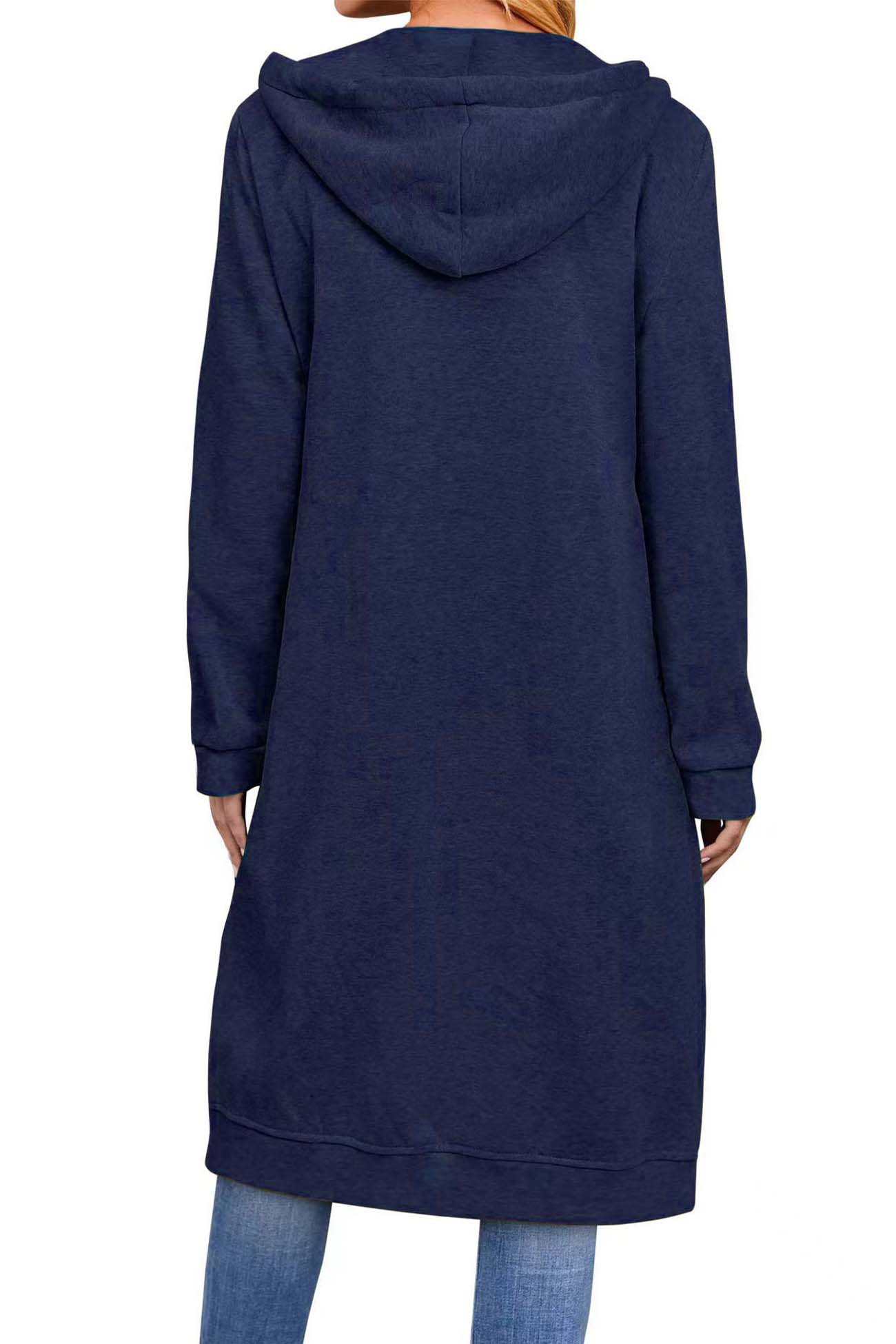 Jacqueline | Solid long cardigan with hood and drawstring and zip fastening