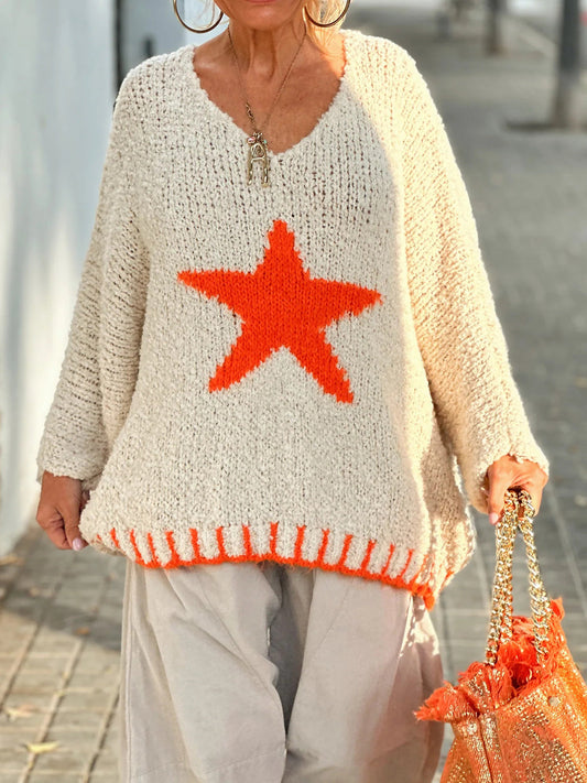 Ingrid | Long-sleeved oversized sweater with a star V-neck