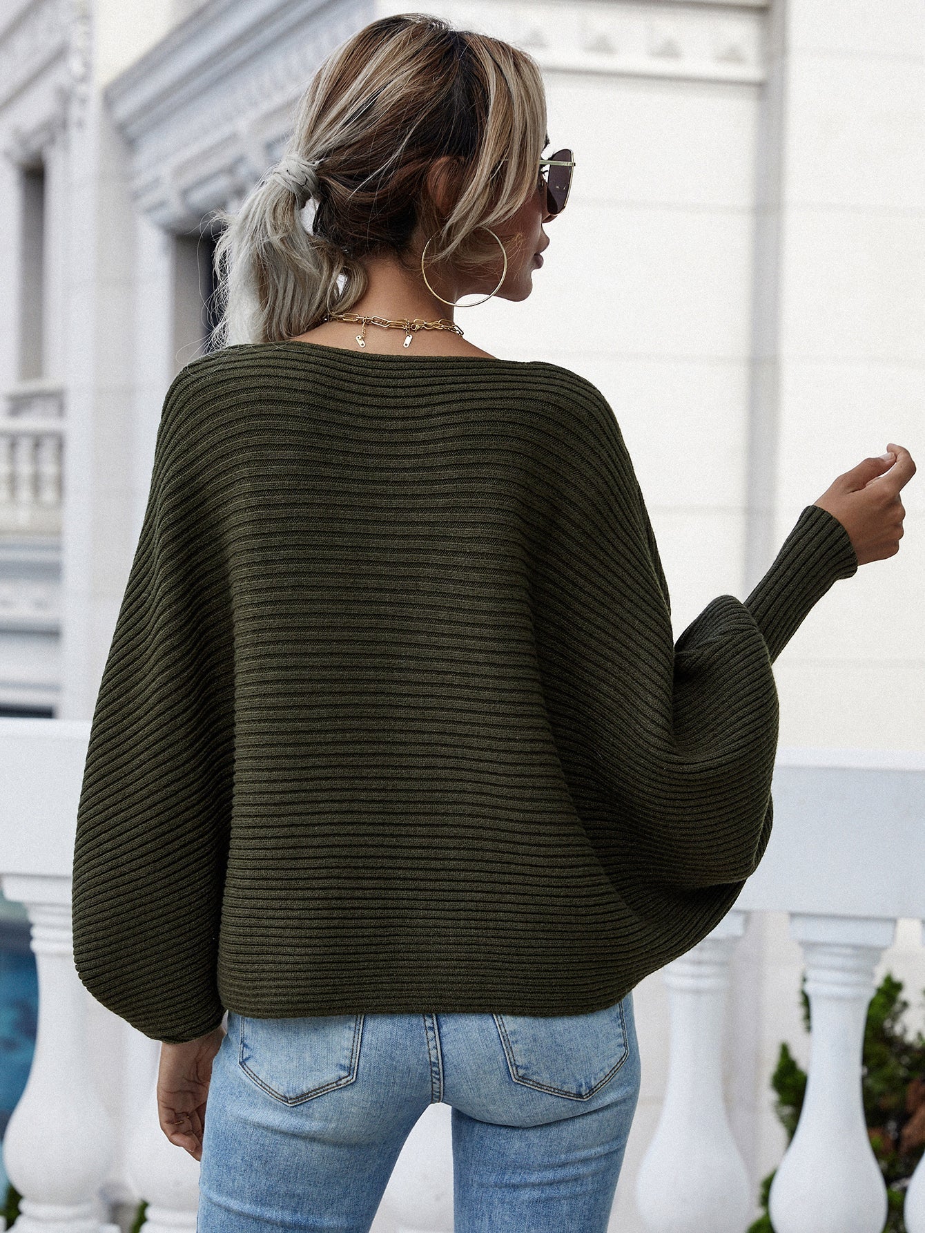 Wendy | Woven right horizontal ribbed sweater with dolman sleeves