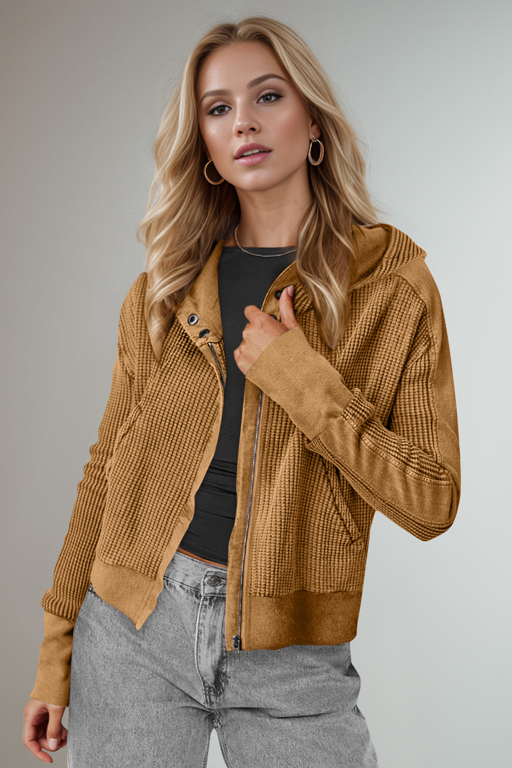 Elsa | Double Take waffle knit long sleeve zip hoodie