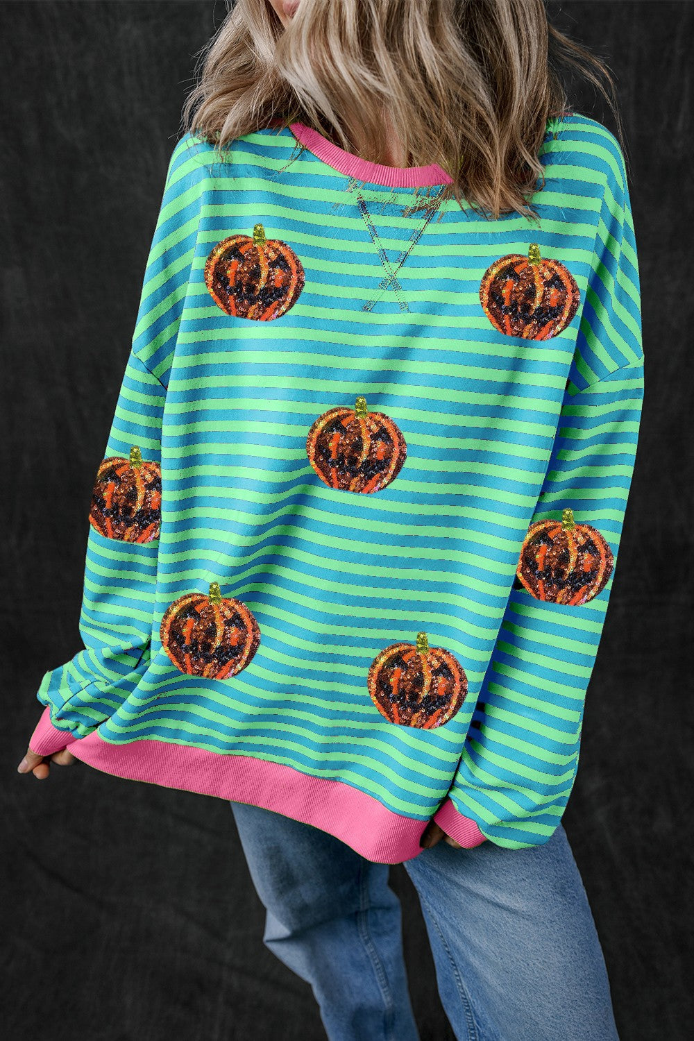 Felicidad | Pumpkin striped crew neck long sleeve sweatshirt