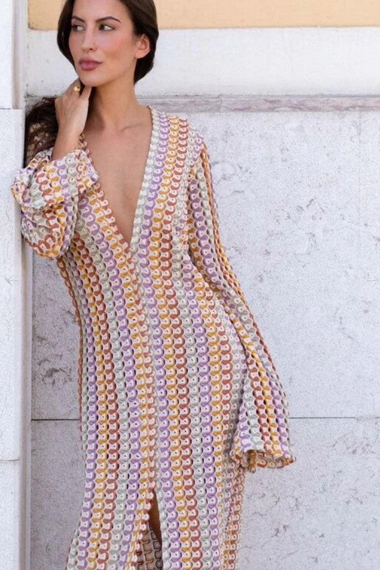 Pilar® | Boho V-Neck Bell Sleeve Maxi Dress, Wavy Striped Crochet Beach Holiday Maxi Dress