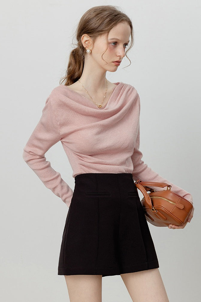 Chic Off Shoulder Tie Waist Cowl Neck Long Sleeve Tee