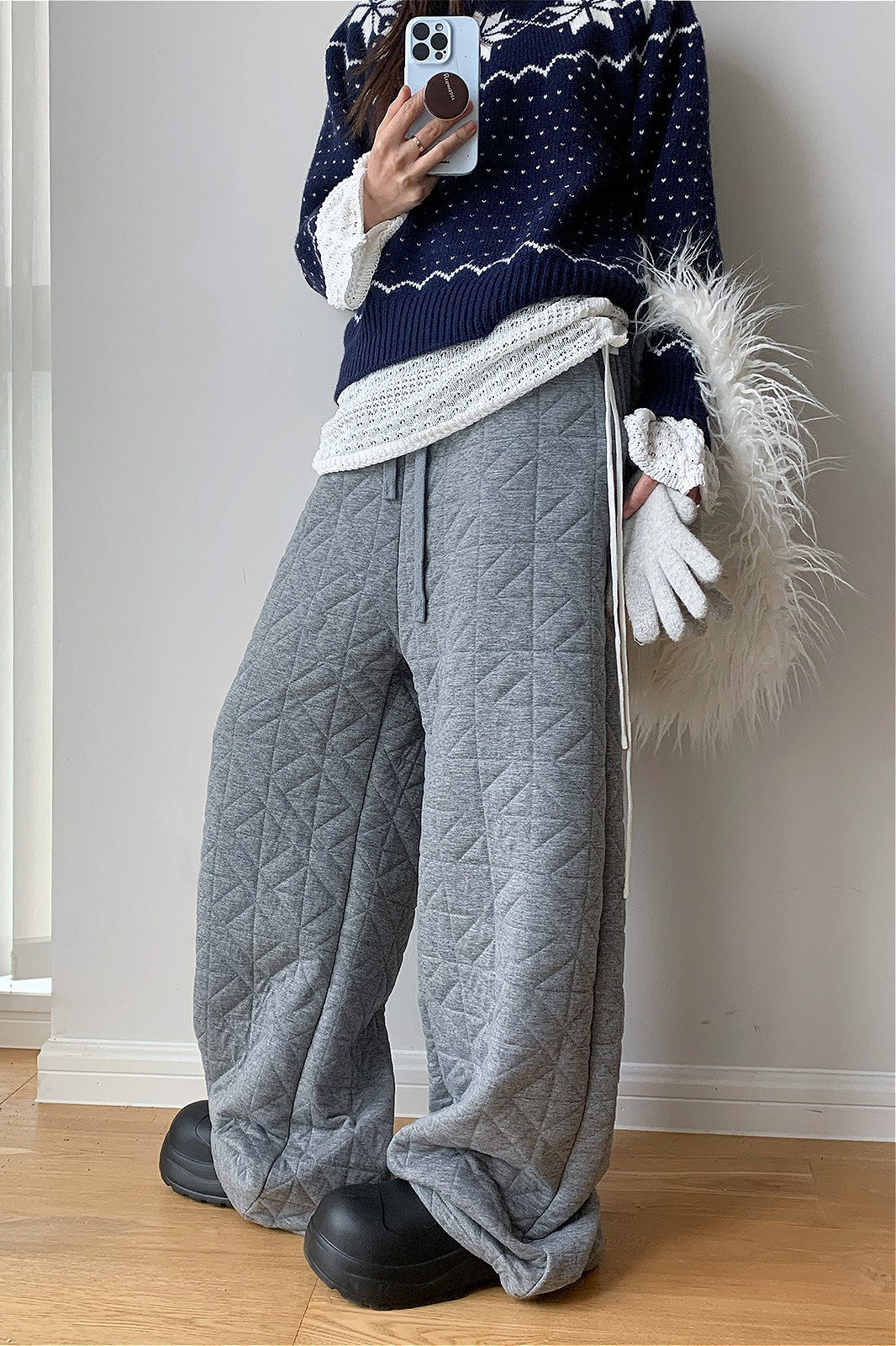 Solid Diamond Quilted Thickened Drawstring Thermal Pants