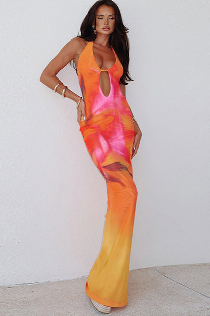 Hollow Out Floral Print Halter Bodycon Maxi Dress