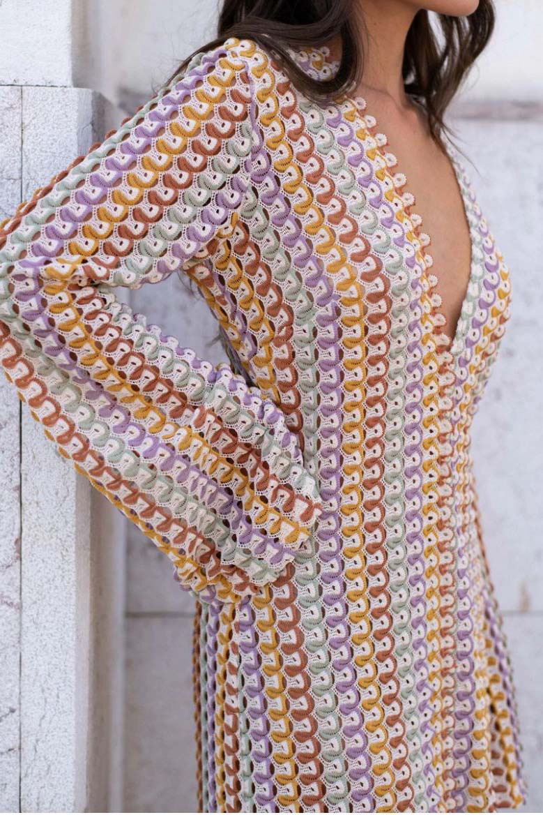 Pilar® | Boho V-Neck Bell Sleeve Maxi Dress, Wavy Striped Crochet Beach Holiday Maxi Dress