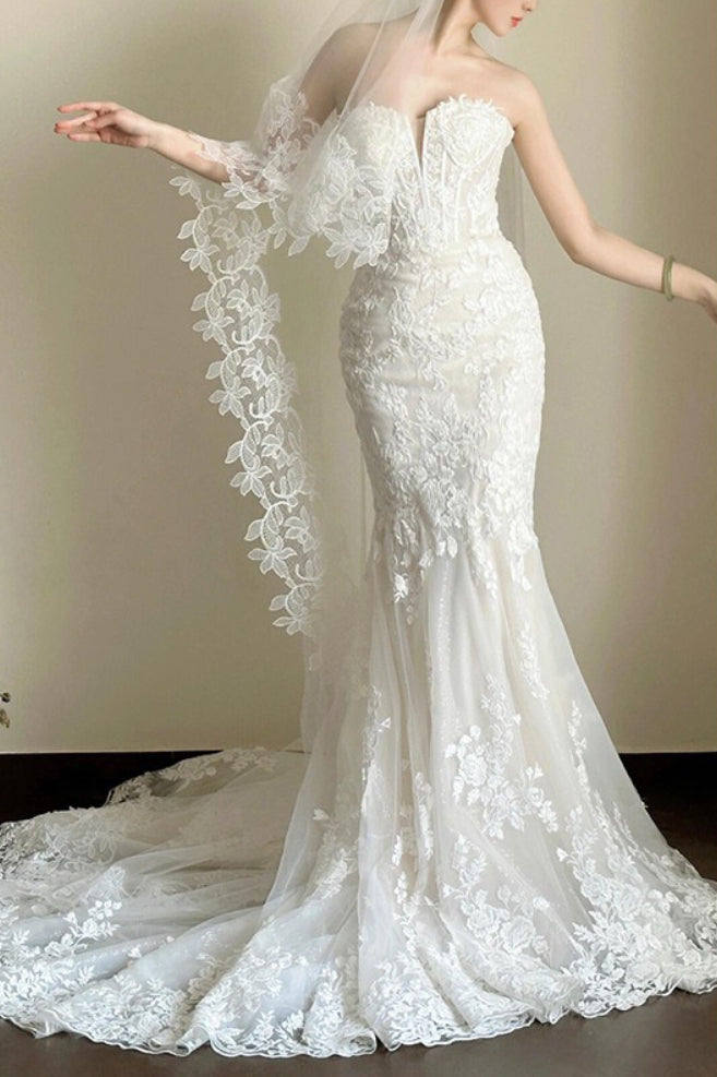Lace Strapless Mermaid Train Wedding Dress