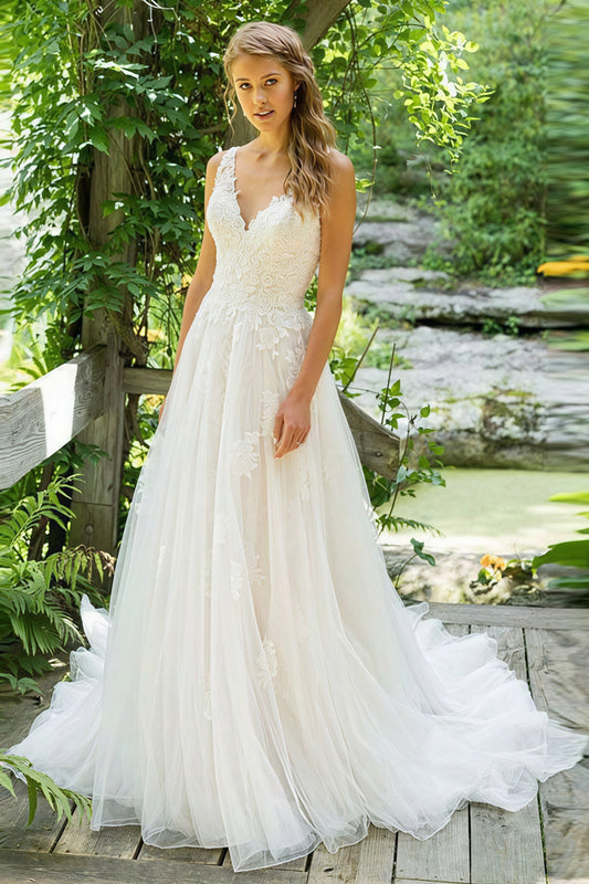 Lace Deep Backless Train Wedding Dress