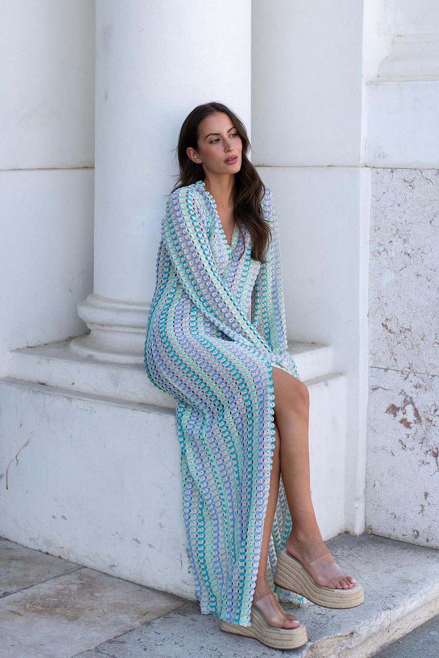 Pilar® | Boho V-Neck Bell Sleeve Maxi Dress, Wavy Striped Crochet Beach Holiday Maxi Dress