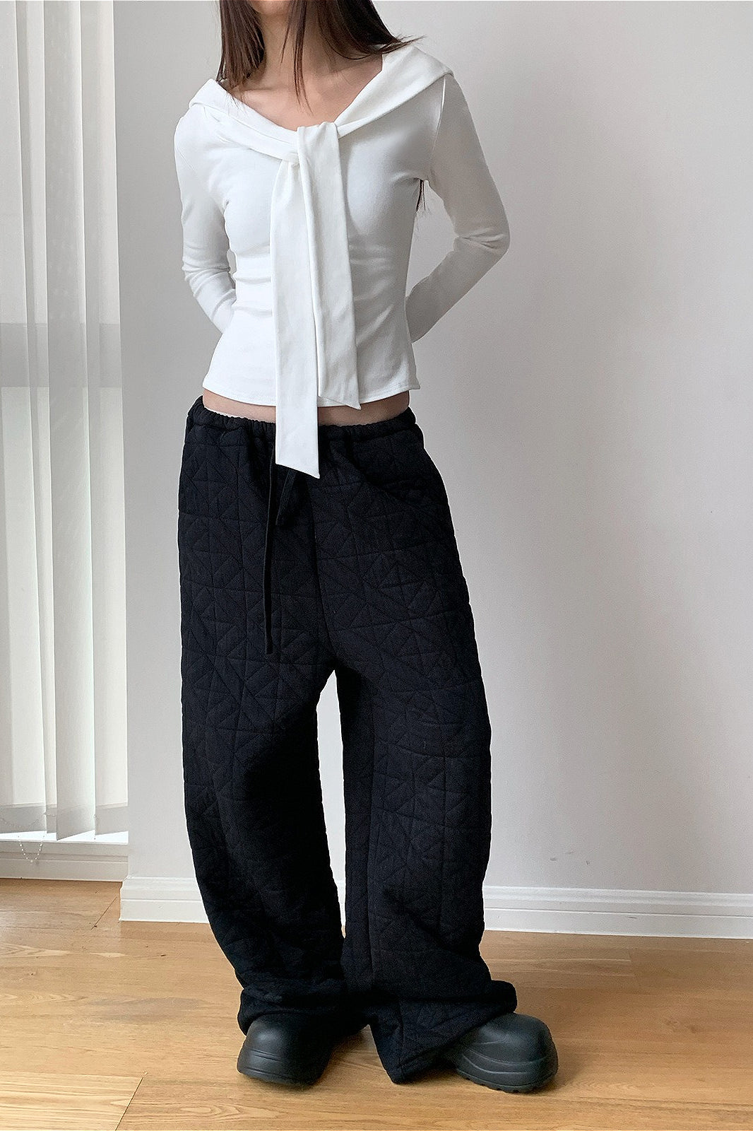 Solid Diamond Quilted Thickened Drawstring Thermal Pants